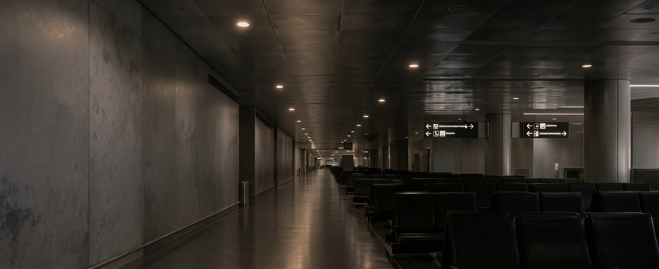 Empty modern airport terminal hallway with black seating and illuminated directional signs.